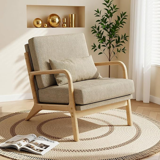 Claiks Mid-Century Modern Accent Chair, Living Room Armchair with Solid Wood Frame & Lumbar Pillow, Comfy Upholstered Lounge Chair for Bedroom, Office, Corduroy, Khaki