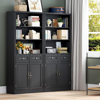 71.4" Tall Bookshelf with Drawers & Cabinet, 5-Tier Floor Standing Bookcase with Storage Doors, Adjustable Shelves & Metal Handles, 31.5" Wide Organizer for Home Office, Living Room