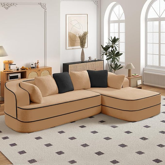 Cloud Sectional Sofa Modern Boneless Couch for Living Room, Comfy Deep Seat Comfy Teddy Fabric Double Sofa Chaise No Assembly Required (Camel, 106" L Shape with Right Facing)