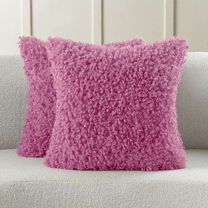 FUTEI Hot Pink Decorative Throw Pillow Covers 18x18 Inch Set of 2,Soft Fluffy Faux Wool Fur Boucle Textured Cushion Case,Modern Home Decor for Couch Bed Living Room Office