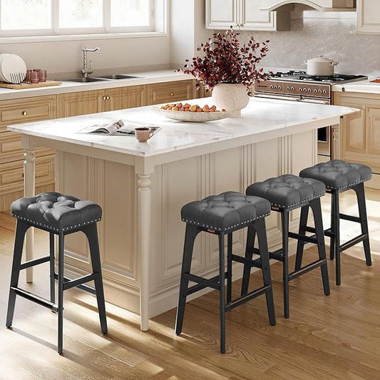VASAGLE Bar Stools Set of 4, Saddle Counter Height Bar Stools, 26-Inch Backless Kitchen Stools with Wood Legs, PU Leather Thickened Upholstered Barstools for Kitchen Island Dining Room, Ink Black