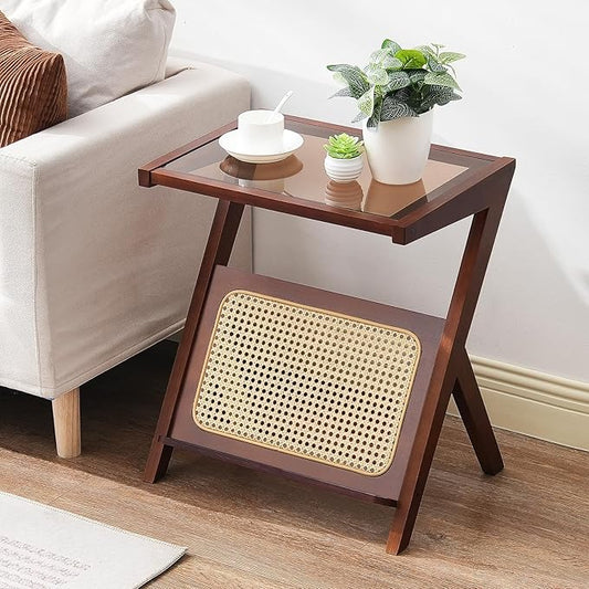 VEVOR End Table, Z-Shaped Rattan Woven Bamboo Coffee Table with Tempered Glass Top, 20” Modern Boho Storage Coffee Table with Natural Bamboo Legs, for Living Room, Bedroom & Small Spaces