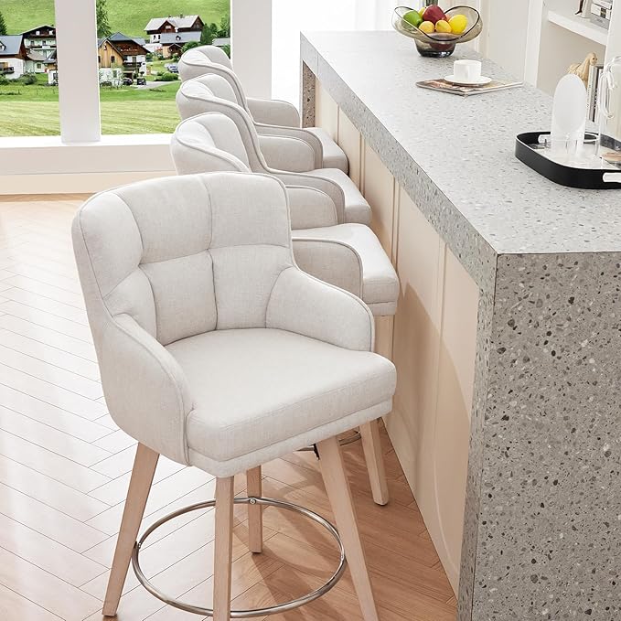 360°Swivel Counter Height Bar Stools with Back, 30 inch Solid Wood Legs, Bar Stool Modern Kitchen Island Chairs, Fabric (Beige- Fabric, 30" H- Set of 3)