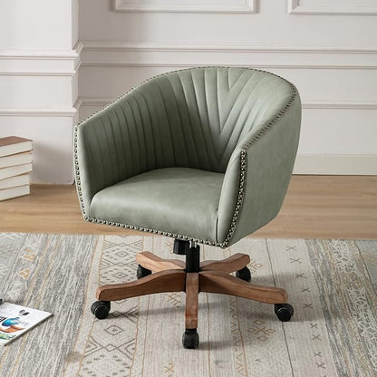 Green Faux Leather Home Office Desk Chair, Upholstered Barrel Swivel Adjustable Arm Desk Chair with Nailheads, Comfy Mid-Back Study Chair with Silent Wheel for Study Office Computer