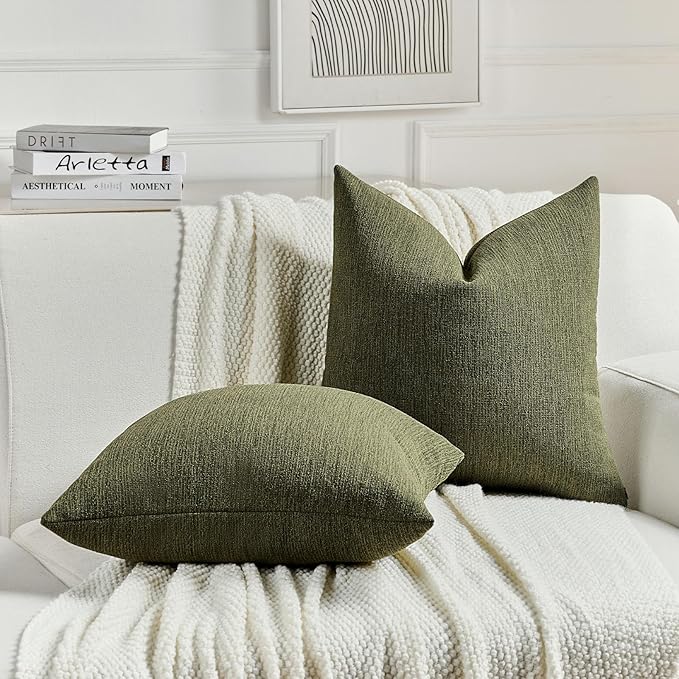 FUTEI Moss Green Chenille Decorative Throw Pillow Covers 22x22 Inch Set of 2,Soft Cozy Faux Linen Textured Cushion Case,Farmhouse Home Decor for Couch Living Room