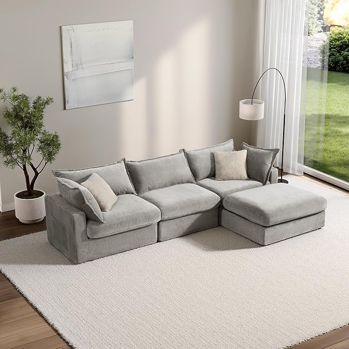 118.5" Down Filled Cloud Couch, Chenille Modular Sectional Sofa with Storage Ottoman, 3-Seater L Shape Sofa with Throw Pillows, Mordern Sectional Couches for Living Room, Light Grey
