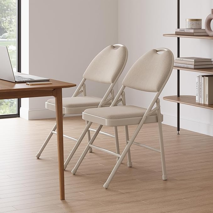 GarveeHome 4 Pack Folding Chairs with Fabric Padded, Metal Foldable Chair Linen Cushion and Back for Indoor Outdoor, Commercial Stackable Guest Chairs for Camping, Dining Room, Office, Wedding, Beige