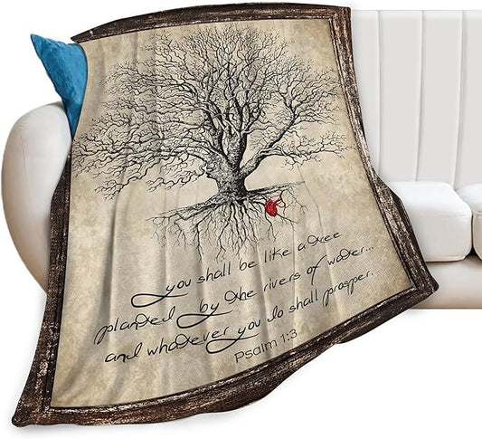 Christian Bible Tree of Life Throw Blanket - Religious Gifts and Decor for Women Men Adults - Soft Warm Cozy Fleece for Couch Sofa Bed 60"x50"