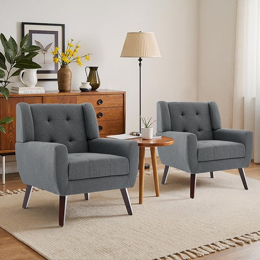 Accent Chairs Set of 2, Mid-Century Modern Upholstered Armchair, Comfy Fabric Living Room Chairs Reading Chairs with Button Tufted Back & Solid Wood Legs for Bedroom, Office, Gary