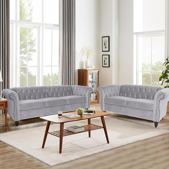 Velvet Sofa Couches Set, 3-Piece Mid Century Modern Upholstered Couch with Cushions, Home Sofa Sectional Furniture Sets, Comfy Tufted Chesterfield Couches for Living Room, Bedroom, Office