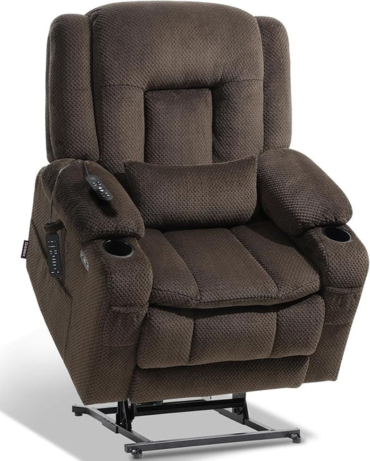 EONIX Lay Flat Power Lift Recliner Chair with Heat and Massage, Dual Motor Electric Lift Chair for Elderly for Postoperative Recovery, 400lbs Heavy Duty, Cup Holders, Lumbar Pillow, Coffee