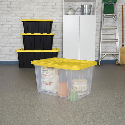 Sterilite 8-Pack 27 Gallon Industrial Tote, Clear Plastic Storage Container Bins with Yellow Lids - Heavy-Duty Organizing Containers for Closet, Bathroom, and Office