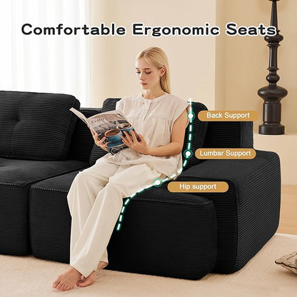 115.3” Black Boneless Couches for Living Room, Modular Sectional Sofa with U-Shape Chaise, 3 Seater Comfy Upholstered Deep Seat Corduroy Fabric Cloud Couch No Assembly, Anti-Slip Design