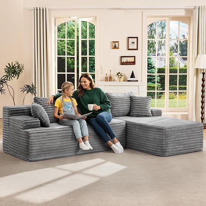 Hobestluk Modular Sectional Couch Sofa,96" Boneless Couches for Living Room, Memory Foam Sectional Couch with Oversized Chaise,L-Shape Couches (Grey, Right Facing)