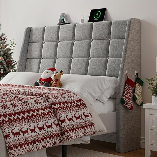 ONBRILL Ergonomic Upholstered Full Size Headboard w/Charging Station, Linen Wingback Headboards w/Storage Pocket, Full Headboard Only, Bed Frame Adapters, Sturdy Solid Wood Bed Head Board, Light Grey