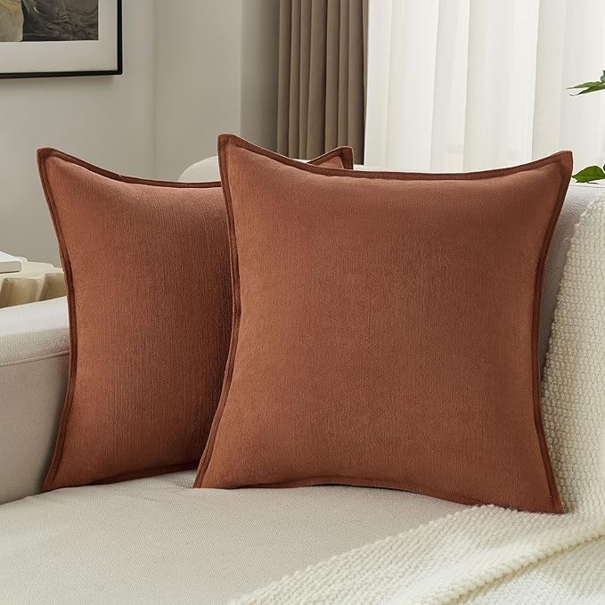 FUTEI Rust Chenille Throw Pillow Covers 18x18 Inch Set of 2,Edges Double-Stitched Cushion Cases,Modern Home Decor for Couch Living Room