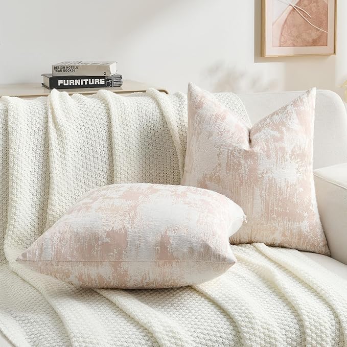 FUTEI Pink White Decorative Throw Pillow Covers 20x20 Inch Set of 2,Soft Faux Cashmere Jacquard - Textured & Cozy Cushion Case,Modern Home Decor for Couch Bed Living Room