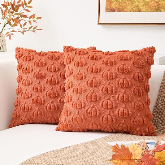 Kevin Textile Fall Pumpkins Pillow Covers 18x18 Inch Set of 2 Cute Autumn Decorative Square Pillowcases Soft Faux Fur Cushions Harvest Gift for Couch Sofa Chair Bedroom Home Decor, Rust
