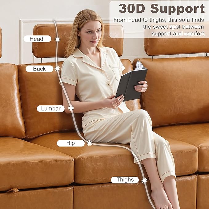 126.8" Modular Sectional Storage Sofa, Oversized Faux Leather U Shaped Couch with 2 Ottoman, Cloud Couch with Headrest & Side Pockets, Sectional Sofas for Living Room Apartment Small Spaces, Brown