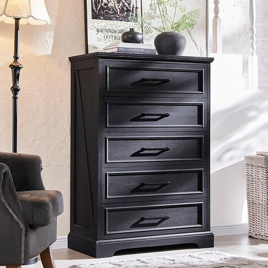ACCOHOHO Farmhouse 5 Drawers Dresser Chests for Bedroom,46" Tall Wood Rustic Chest of Drawers with Wide Metal Handle,Natural Texture,Drawer Organizer for Bedroom,Living Room,Hallway and Entryway,Black