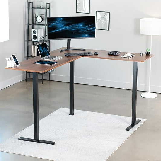 VIVO Corner Standing Desk, 75 x 63 inch Reversible L-Shaped Workstation, Electric Height Adjustment, Home, Office, and Reception Rooms, Dark Walnut Table Top Black Frame, DESK-E3CTD-75