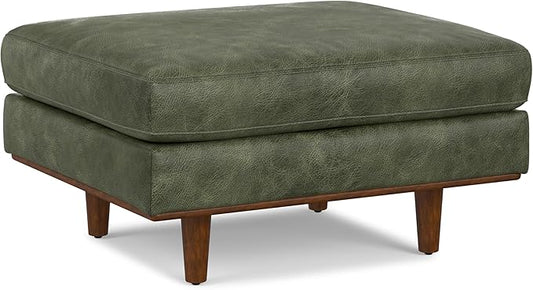 SIMPLIHOME Morrison 33 inch Wide Ottoman in Moss Green Genuine Leather, Multifunctional Footrest, Coffee Table, and Extra Seating for Living Room, Mid-Century Modern Style