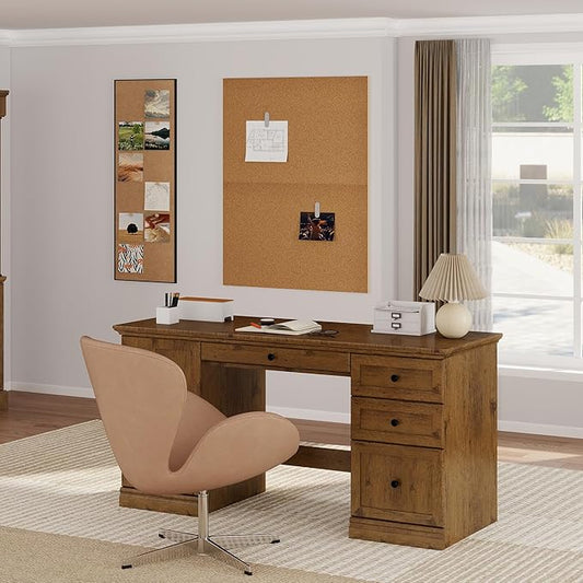 60.5" Executive Office Desk, Classic Computer Desk with File Drawer, Keyboard Tray Cabinet Storage, Farmhouse Wood Writing Desk for Home Office or Study, Vintage Oak