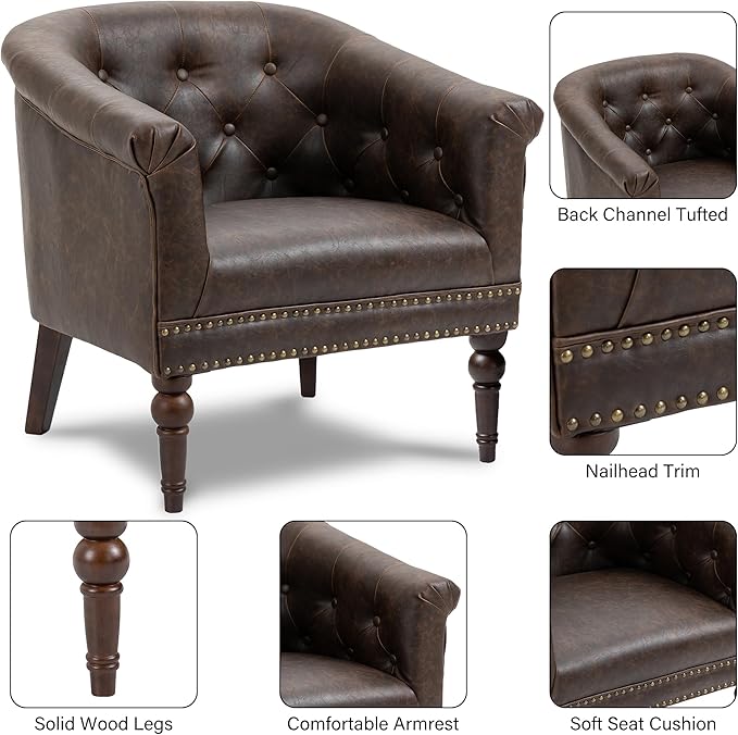 Pia Ricco Faux Leather Barrel Accent Chair, Comfy Club Armchair with Solid Wood Legs, Upholstered Single Sofa Chair for Living Room Bedroom/Reading Room, Chocolate