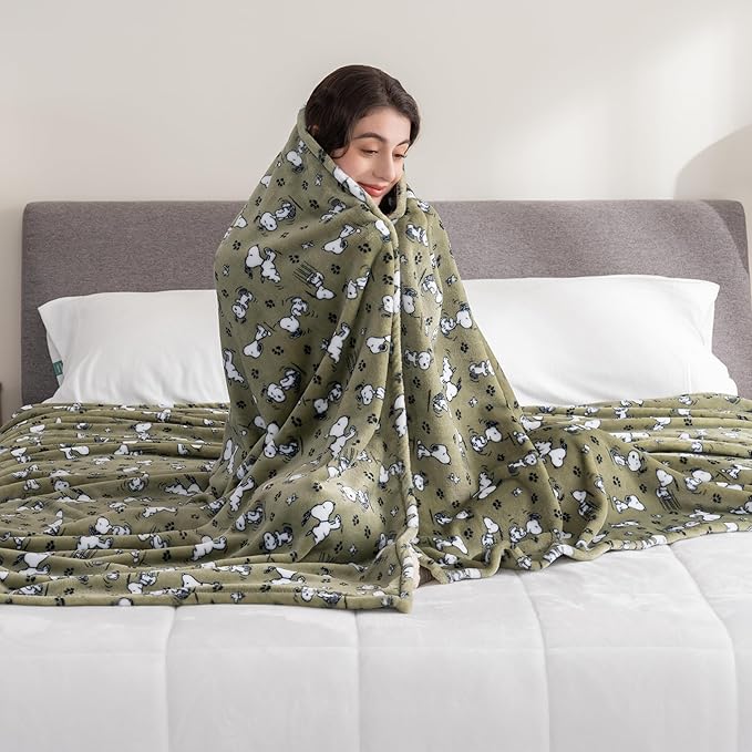 Berkshire Blanket Peanuts® VelvetLoft® Cute Character Snoopy Plush Blanket,Loden Green,King 90 in x 108 in (Official Peanuts® Product)