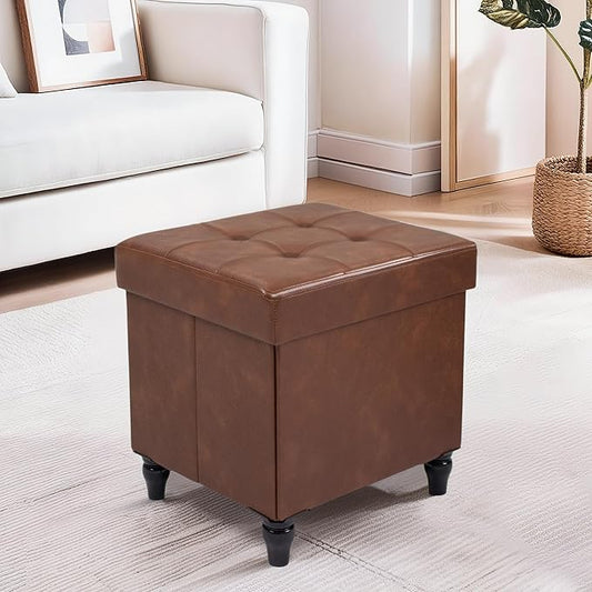 GLAXYFUR Storage Ottoman Bench, 15 Inches Foldable Ottoman Foot Stool with Legs, PU Leather Footrest for Living Room, Bedroom, Dorm (Brown)