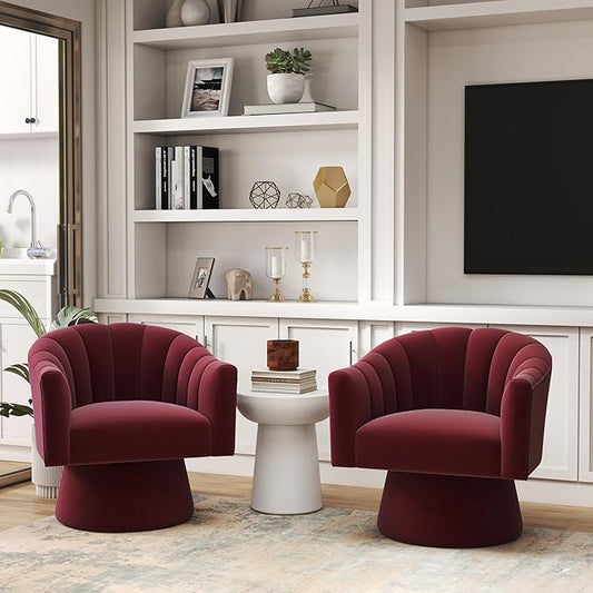 Swivel Accent Chair Set of 2, Upholstered Velvet 360° Swivel Barrel Chair for Living Room Overstuffed Bouncle Reading Chair Round Armchair for Bedroom,Vanity,Office (Red)