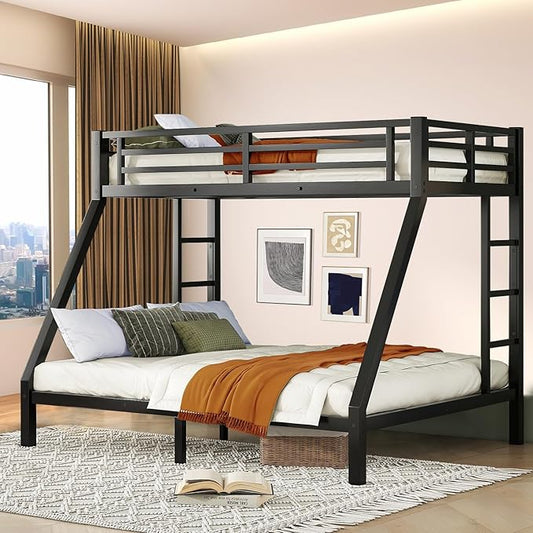 Bunk Beds Twin XL Over Queen, Heavy Duty Bunk Beds with Bottom Space & Guardrail Metal Bunk Bed Frame for Adults Teens Dorm Bedroom Guest Room, No Box Spring Needed（Black）