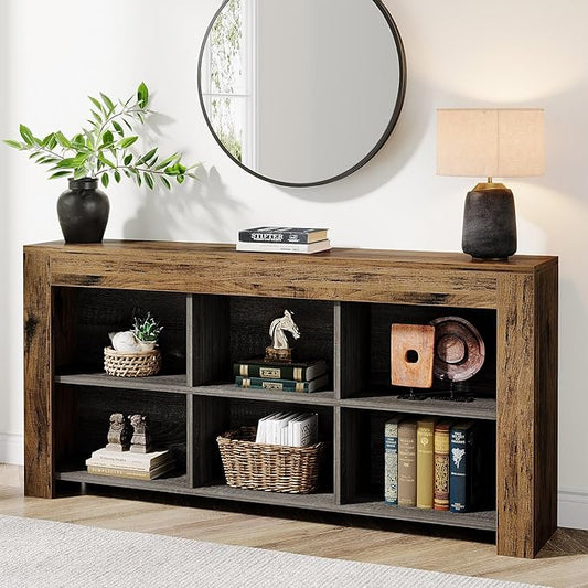Tribesigns 63-Inch Long Console Table, Rustic Wood Entryway Table with 6 Storage Cubes, Industrial Narrow Sofa Table Behind Couch Table for Living Room, Hallway