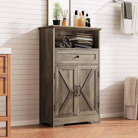 Floor Cabinet, Farmhouse Storage Cabinet with Barn Doors and Drawer, 11.81" D x 23.62" W x 39.37" H Grey Freestanding Adjustable Shelf Organizer for Bathroom, Kitchen, Living Room