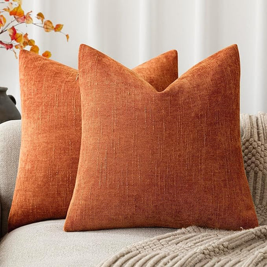 Foindtower Pack of 2 Soft Textured Chenille Throw Decorative Pillow Covers Square Accent Solid Cushion Cover Cozy Neutral Farmhouse Pillow Case for Couch Sofa Bedroom Living Room 18x18 Inch,Orange