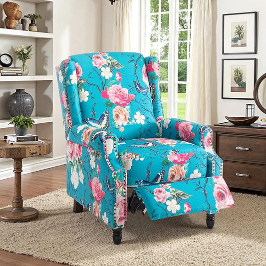 Recliner Chair, Upholstered Wingback Floral Pushback Armchair with Adjustable Backrest & Footrest, Comfy Accent Chair Reading Single Sofa for Small Spaces, Living Room, Bedroom (Peacock, Set of 1)