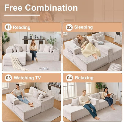 Modular Sectional Sofa, L Shaped Comfy Cloud Couch with Deep Seat, Boneless Couch for Living Room, Modern Sectional Sleeper with Chaise, No Assembly Required, Sofa in A Box, Beige Corduroy