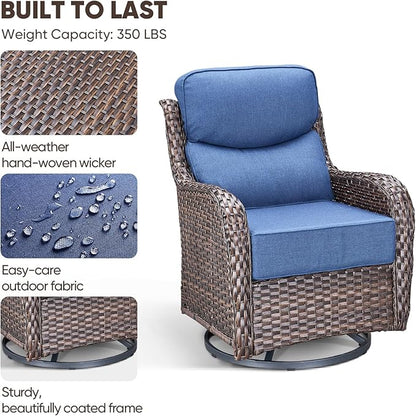 Swivel Patio Chairs sofa Set of 4 with 6" Thick Cushion - Wicker Outdoor Swivel Rocker Patio Chair with Side Table, High Back Comfortable Outdoor Glider Chairs - Brown Wicker | Blue Cushions