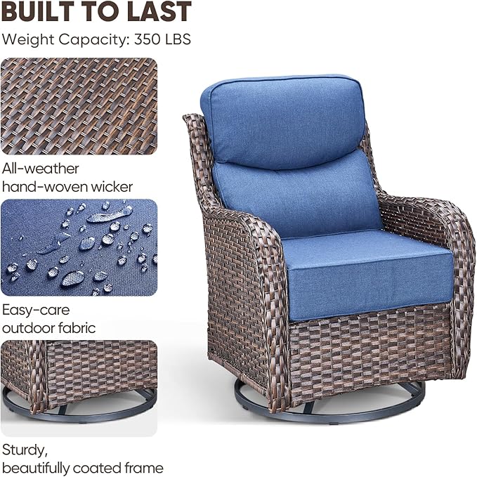 Swivel Patio Chairs Set of 3 with 6" Thick Cushion - Wicker Outdoor Swivel Rocker Patio Chairs with Side Table, High Back Comfortable Outdoor Glider Chairs - Brown Wicker Blue Cushion