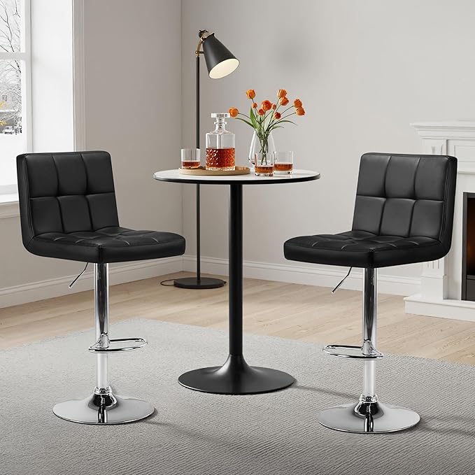 Yaheetech Bar Stools Set of 3, Adjustable PU Leather Swivel Barstools, Modern Counter Stools with Back and Footrest, Counter Height Barstools for Bar, Kitchen, Dining Room, Black