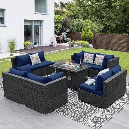 NICESOUL 7 Piece Large Outdoor Patio Furniture Set with Fire Pit Table Gas/Propane, 29.3'' High Back Rattan Modular Sectional Sofa, Extra Wide Conversations for Backyard, 2 Color Cushion Navy & Gray