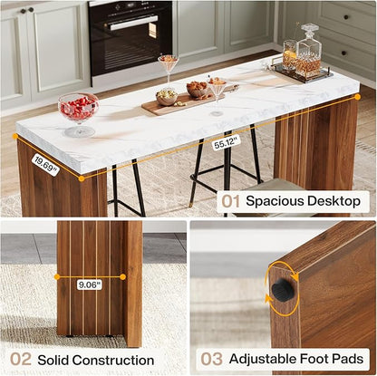 Tribesigns Home Bar Unit, 55.12-Inch Bar Table with a Faux Marble Finished Tabletop, Modern Freestanding Mini Bar for Home Kitchen, Living Room, Balcony, Basement, Walnut & White (Set of 2)