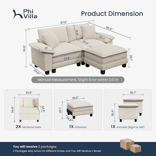 PHI VILLA Cloud Modular Couches Sets, 87.5" Sectional Loveseat Sofa with 1 Movable Ottoman, 3-Seater Comfy Couches for Living Room Apartment, Corduroy Fabric, Beige
