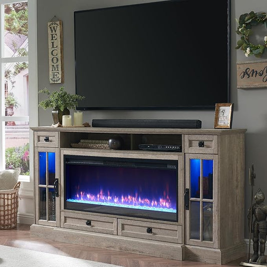 OKD Fireplace TV Stand for 80 Inch TV, Farmhouse Entertainment Center with 42" Fireplace & LED Lights, Modern Media Console Table with Storage Drawers & Cabinets for Living Room, Light Rustic Oak