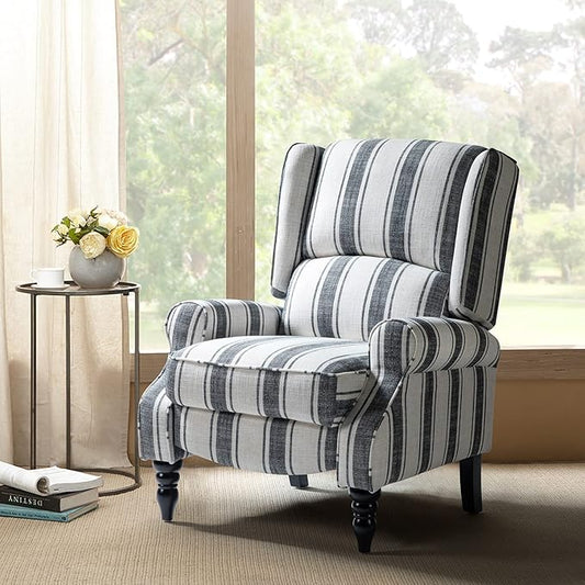 HULALA HOME Upholstered Wingback Recliner Chair, Small Adjustable Footrest Push Back Single Reclining Sofa, Mid Century Modern Lounge Armchair for Living Room, Bedroom, Reading/Stripe Black