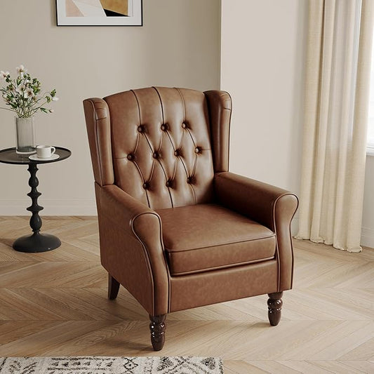 Lumibee High Back Accent Chair,Upholstered Faux Leather Wingback Armchair with Solid Wood Legs for Small Spaces,Comfy Single Sofa Chair for Living Room,Bedroom,Office-Brown