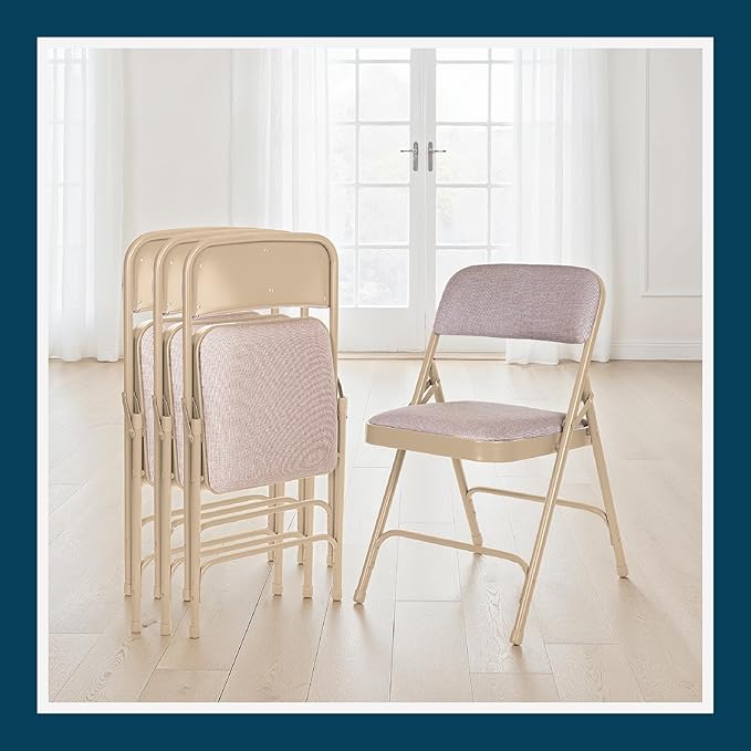 OEF Furnishings OEF2200 Series Heavy-Duty Premium Fabric Padded Upholstery Double-Hinged Folding Chairs (4-Pack, French Beige)