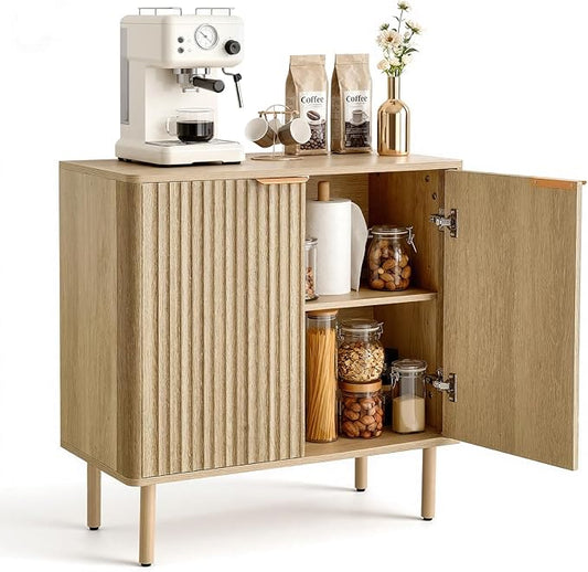 VEVOR Fluted Cabinet, Buffet Cabinet with 2-Tier Storage, Coffee Bar Cabinet with Adjustable Shelves, Sideboard Buffet for Hallway, Entryway, Living Room, or Kitchen, Oak