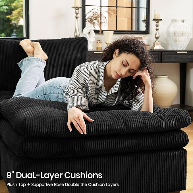 Belffin Large Modular Sectional Sofa with Deep Chaise, Corduroy U Shaped Couch with 9" Soft Dual-Layer 7 Seats Cushion for Living Room, Apartment, Black