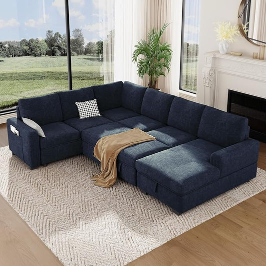 Vesgantti 113.6" Pull Out Sofa Bed with Chaise, 7 Seater U Shaped Sleeper Sofa with Storage Chaise, Comfy Chenille Modular Sectional Couch for Living Room, Bedroom, Apartment, Blue